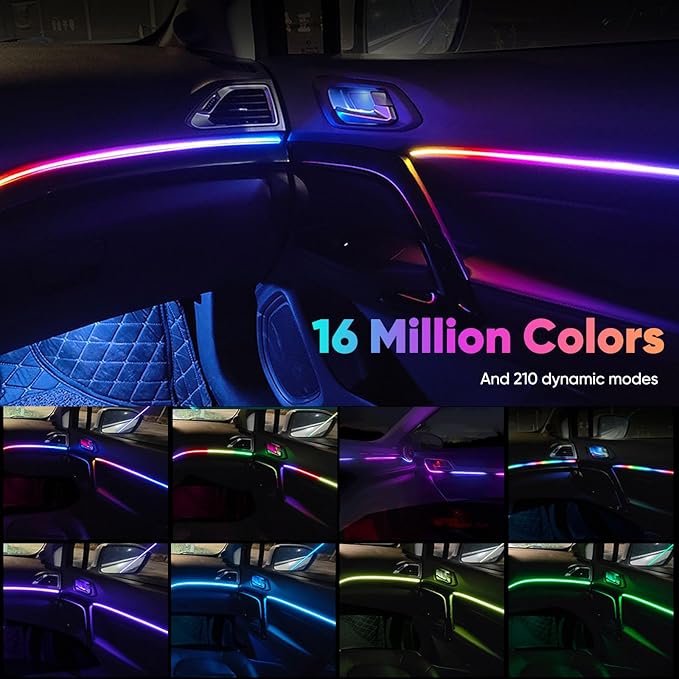 2 in 1 Acrylic Car LED Lights Interior, RGB Ambient Llighting Car Kit with 168 LEDs, 16 Million Colors, Music Sync, App & USB & Remote Dashboard Ambient Lighting for Car