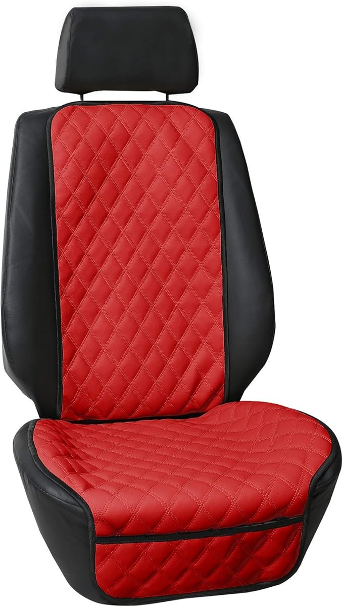 FH Group Car Seat Cushion – Faux Leather Single Front Seat Cover with Front Pockets, Airbag Compatible, Universal Fit Car Seat Cushion for Driver or Passenger Seat, SUV, Truck, Sedan & Van – Red