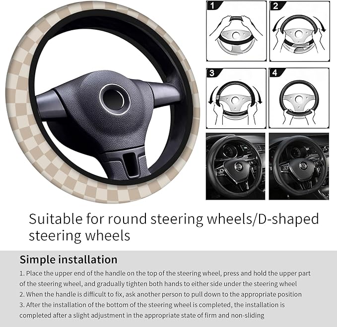 Car Steering Wheel Cover, Universal 15 Inch Neoprene Non-Slip Steering Wheel Covers, Funny Car Accessories for Women Men Fit Auto, Suvs, Truck Cute Beige Checkerboard