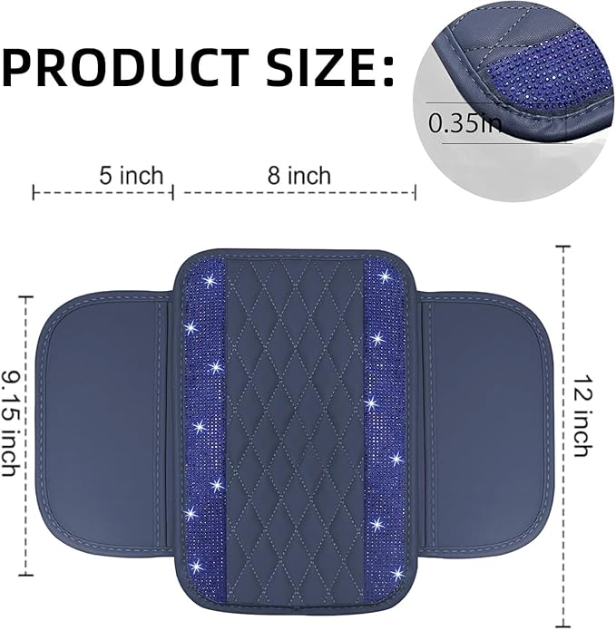 NBTEPEM Bling Blue Car Center Console Cover, Leather Car Arm Rest Cover with 2 Storage Bags, Universal Auto Armrest Protector Storage Box, Bling Accessories Interior for Most Vehicles