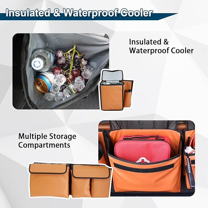 Deluxe Leather Trunk and Backseat Organizer for Car SUVs & RVs, Detachable Storage Modules with Built-in Cooler, Patent Pending (Orange)
