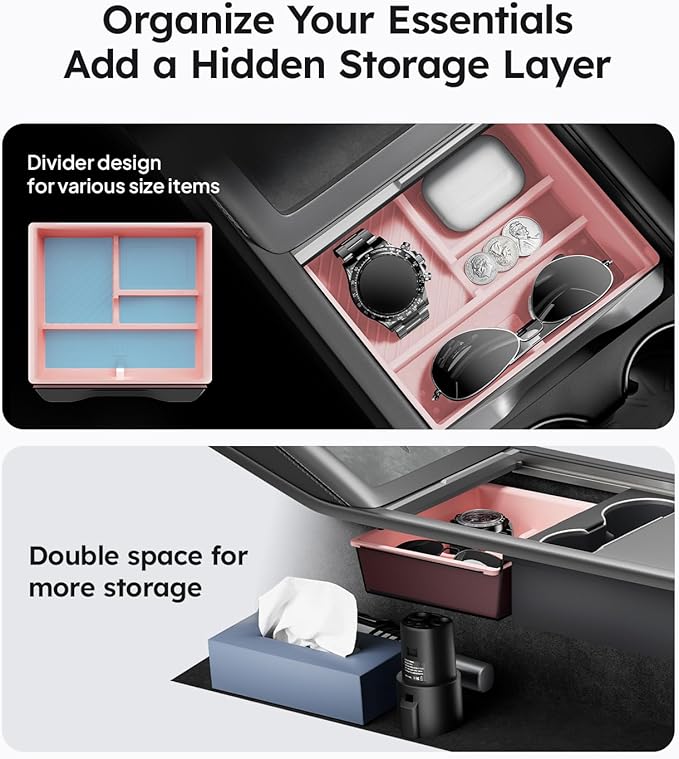 Wigoo Center Console Organizer for Tesla Model Y Juniper (Only Premium & Performance 2025 2026) and All Model 3 Highland Accessories [Double-Layer Storage, Smooth Sliding] 4PCS Pink