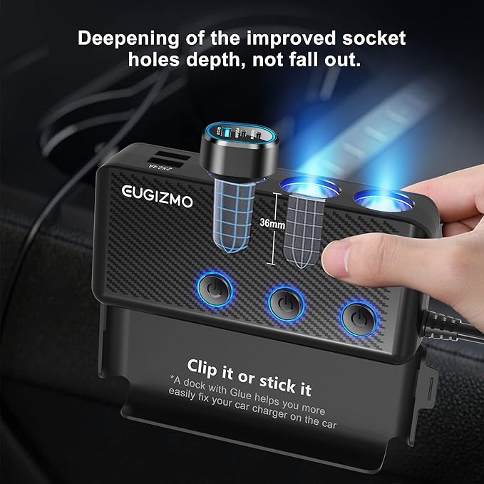 Cigarette Lighter Plug Splitter Adapter, EUGIZMO 222W Multi Port Power Plug Car Charger Adapter for Plug Outlet 12V 3 Socket Splitter Car Cigarette Lighter USB Charger with LED Independent Switches