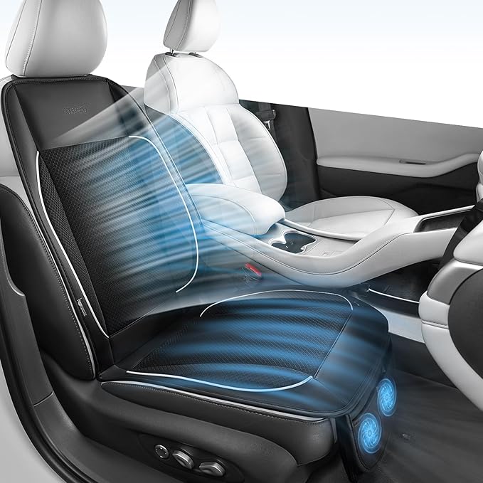 Coverado Cooling Car Seat Cushion, Universal Front Seat Cover 12V-24V Ventilated 3D Mesh Breathable Pad with 3 Speed Mode Dual Fan for Cars SUV Heatwave Driving Black&White