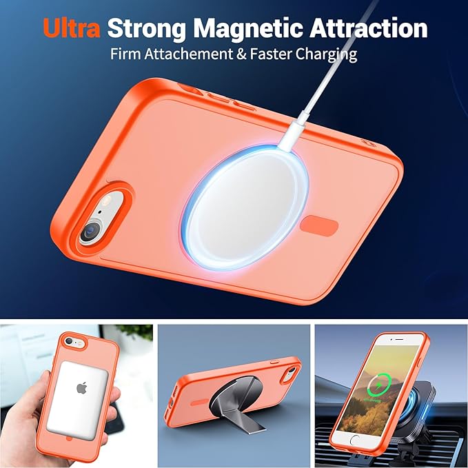 SUPFINE Magnetic for iPhone SE Case 2022 (3rd)/2020 (2nd),iPhone 8 Case(Compatible with MagSafe)(Military Grade Drop Protection) Slim Translucent Matte Phone Case,Orange