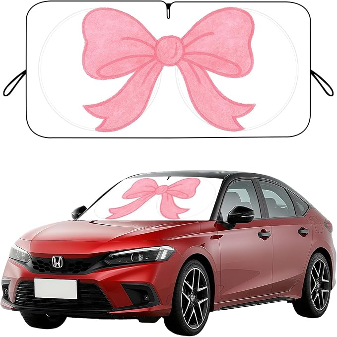 Car Windshield Sun Shade, Car Sun Shade Cute Bow Visor for CarWindshield, Wear-Resistant Black Tape, Foldable 59'x27.5'/63''x31.5''