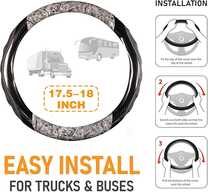 Heavy Duty Truck Steering Wheel Cover 17.5-18 Inch, Carbon Fiber with Anti-Slip Grip, X-Large Wheel Protector for Commercial Semi-Trucks, Buses and RVs (Gray/Black)