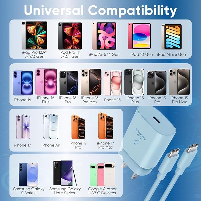 iPhone 16 15 Charger Fast Charging, 30W USB C Charger Block 10FT Cable for iPhone 15 16 Plus Pro Max/iPad Pro/AirPods, PD USBC Power Adapter Wall Plug with Extra Long Type C to C Cord (Blue, 10FT)