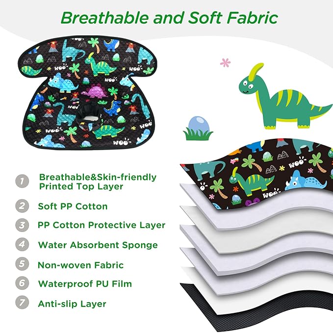 Car Seat Protector for Potty Training, 2 Pack Waterproof Piddle Pad Cover with Anti-Slip Backing, Portable Car Seat Liner for Toddler Baby Safety Carseats & Strollers (Black Dinosaur)