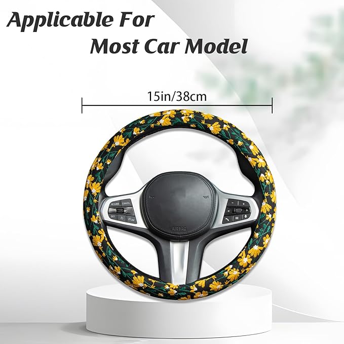 Embroidered Flowers Cute Yellow Daisy Steering Wheel Cover Auto Anti-Slip Breathable Rubber Steering Wheel Protector,Floral Car Accessories for Women,Universal Size Fit Most Cars -15 inch