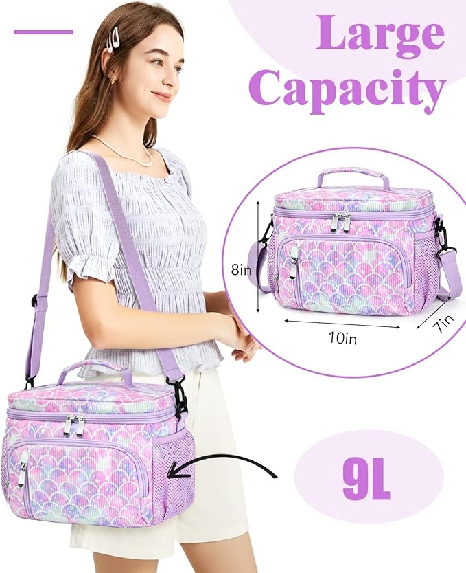 Insulated Lunch Bag for Women - Leakproof Lunch Box Soft Cooler Tote, Adjustable Strap, Reusable Lunch Box for Work Office Picnic Beach Travel-Corduroy Colorful Fish Scales