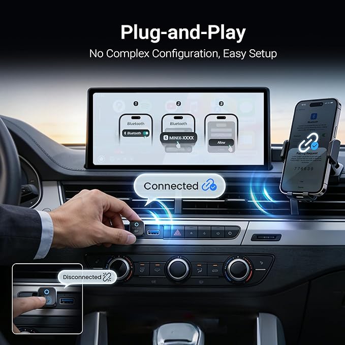 MINIX CA525 Mini Wireless CarPlay & Android Auto Adapter, 2026 Upgraded 2-in-1 Wired to Wireless Dongle, One-Button Switch, Plug & Play USB-A/C, WiFi 6 & Bluetooth 5.4, iOS 10+ & Android 11+