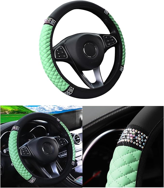 Bling Car Steering Wheel Cover, 15 Inch Rhinestones Soft Leather Elastic Steering Wheel Protector, Sparkly Crystal Diamond for Women Girls, Car Interior Accessories for Most Cars (Green)