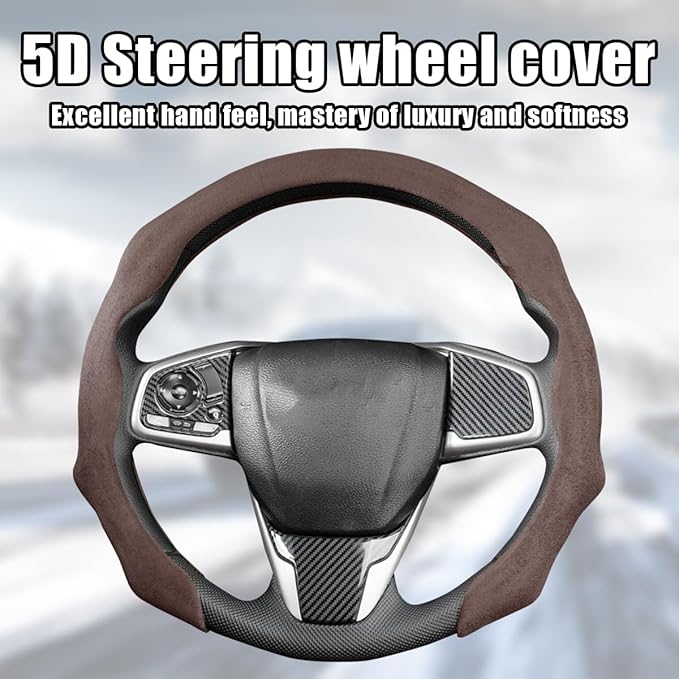 Mandark Car Steering Wheel Cover, Suede Sport Vehicle Steer Wheel Protector Fitting 15 Inch, Non-Slip Comfortable Automotive Interior Decoration Accessories, Universal for Most Cars (Coffee)