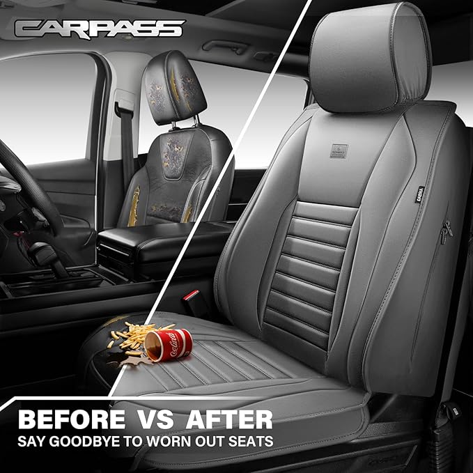 CAR PASS Nappa Leather Car Seat Covers Front Seats, Luxury Seat Protector for Cars, Waterproof Anti-Slip Seat Cushion Airbag Compatible Universal for Sedan SUV Pick-up Truck Automotive Vehicle, Gray
