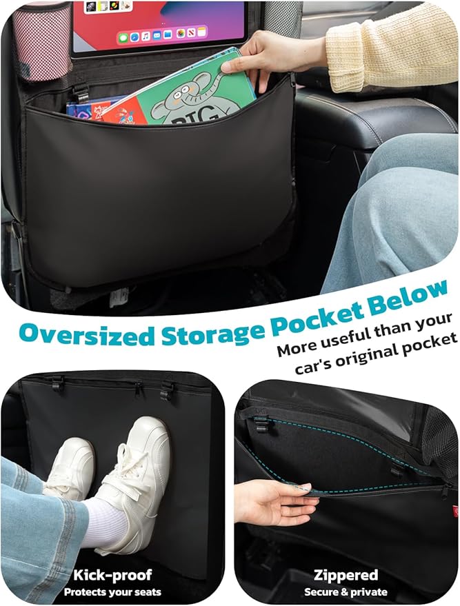Oasser Seat Back Protector Kick Mats 12.9" I pad Holder 2 Pack XL with 1 Tissue Box Car Seat Organizer Back of Seat Protector Clear 2 Large Car Organizers and Storage