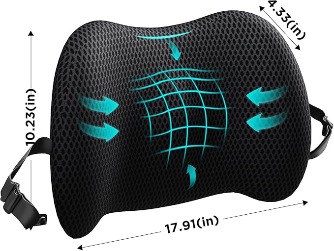 Lumbar Support Pillow for Office Chair, Car Lumbar Pillow Lower Back Pain Relief, Memory Foam Back Cushion with 4D Mesh Cover and Adjustable Straps, Ergonomic Chair Back Pillow for Car,Bed, Gaming