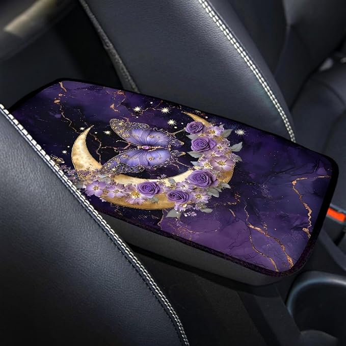 Suobstales Butterfly Moon Rose Marble Print Car Armrest Pad Soft Center Console Arm Rest Protector Cover Universal Car Interior Accessories Decoration