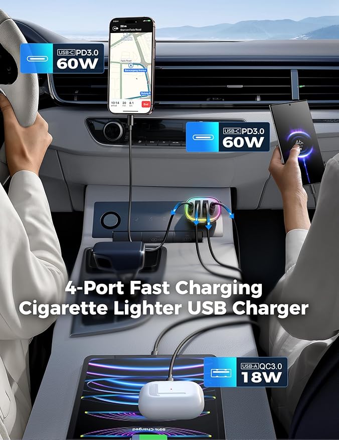 120W for iPhone 17 Pro Max Car Charger, Dual PD 60W & QC 3.0 Cigarette Lighter USB Charger with 60W Type C Cable, Car Charger USB C, Car Accessories for iPhone 17/16 Pro/Air, Galaxy S25, iPad, MacBook