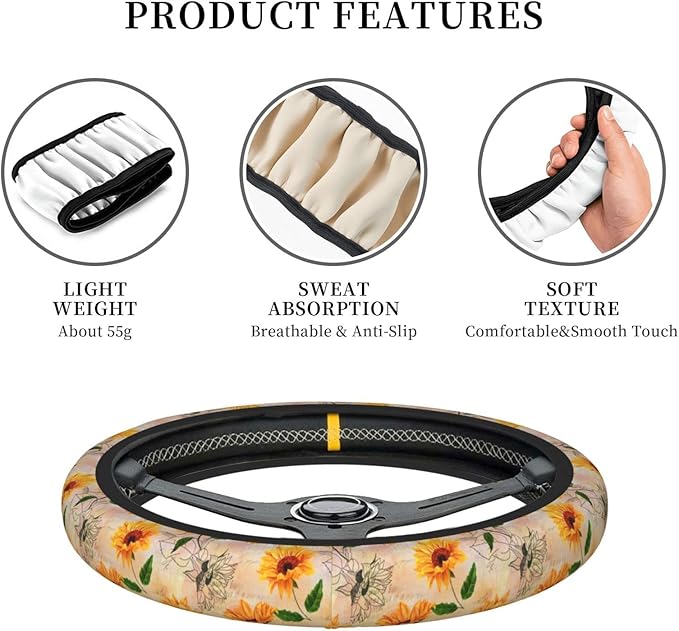 Vintage Sunflower Steering Wheel Cover Women Men Elastic Stretch Soft Car Wheel Protector Universal Breathable No-Slip Car Accessories for Truck Van SUV Auto Fit 14-15 Inches