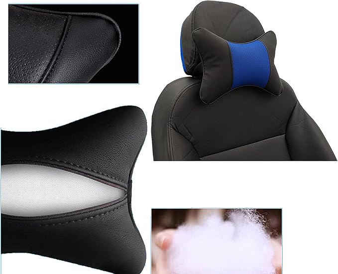 Car Neck Pillows Both Side Pu Leather 2pieces Pack Headrest Gogodog Fit for Most Cars Filled Fiber Universal Car Pillow (Black Blue)
