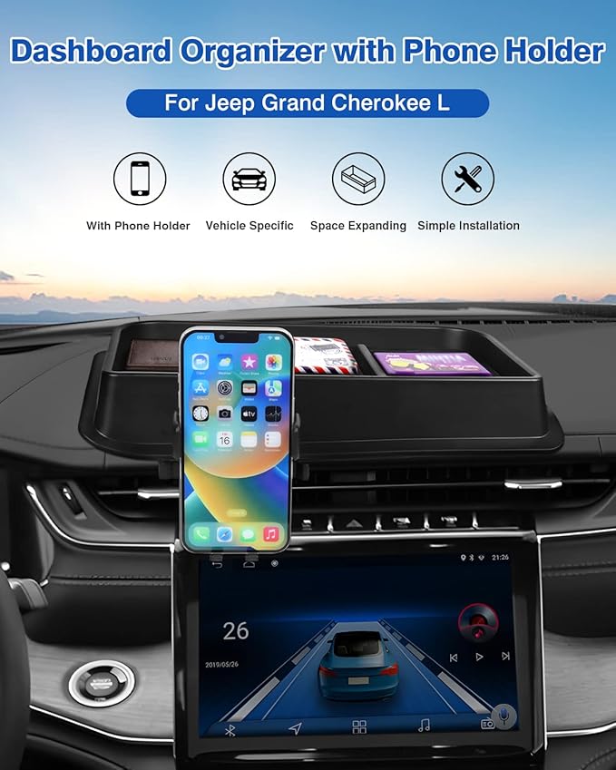 Autorder Phone Holder Mount for Jeep Grand Cherokee 2022 2023 2024 2025/Grand Cherokee L 2021 2022 2023 Center Console Dashboard Organizer with Phone Stand with Anti-Slip Mat