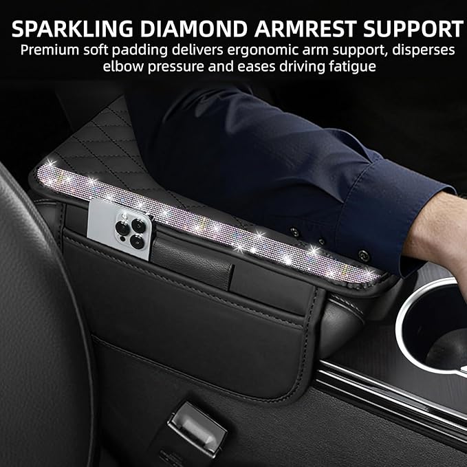 NBTEPEM Bling Car Center Console Cover, Leather Car Arm Rest Cover Cushion with 2 Storage Bags, Universal Auto Armrest Protector Storage Box, Bling Accessories Interior for Most Vehicles (Multicolor)