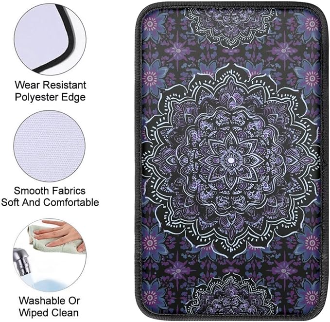 Boho Mandala Flower Print Car Center Console Armrest Cover Dust-Proof Universal Armrest Box Cover Center Console Pad for Truck Sedan SUV, Easy to Install, Purple