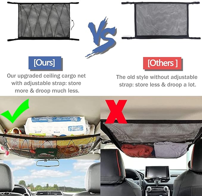 Car Ceiling Storage Net | Double Zipper, Adjustable Strap Prevent Falling, 31"x21"Double-Layer Mesh Long Road Trip Camping Van SUV Roof Cargo Pocket Organizer for Putting Quilt Toys Sundries