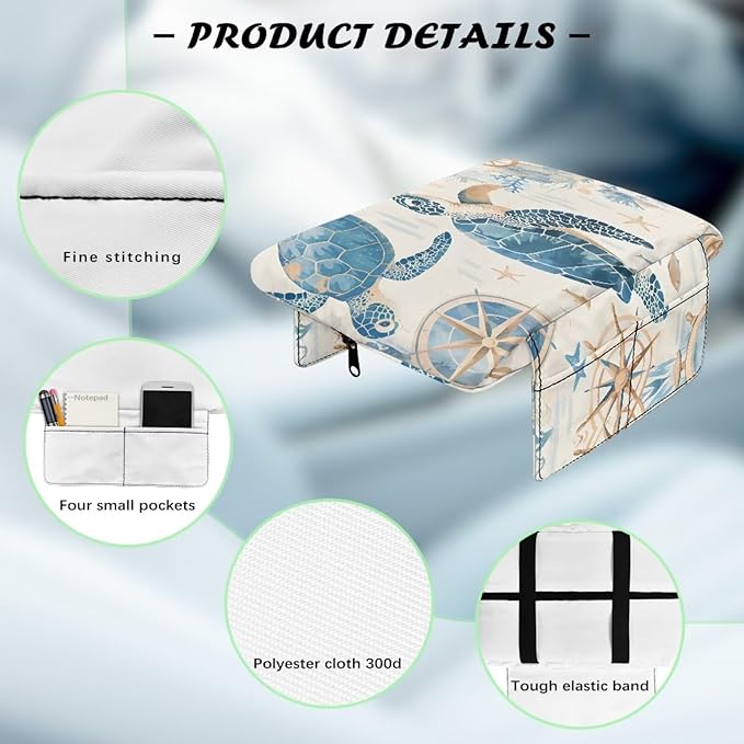 Car Armrest Cover with Pockets, Auto Center Console Pad, Turtle Print Arm Rest Seat Box Protector Car Interior Accessories for Women Men, Fit Most Vehicle,Truck,SUV