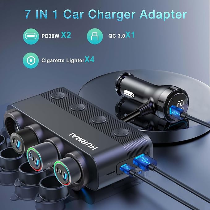 HURMAI Cigarette Lighter Splitter Adapter 216W 4 Socket Heavy Duty Truck Car USB Chager Multi Port with PD30W/QC3.0 Charge USB C 12V/24V Independent Switches & Dust Cover & Waterproof for Car Devices