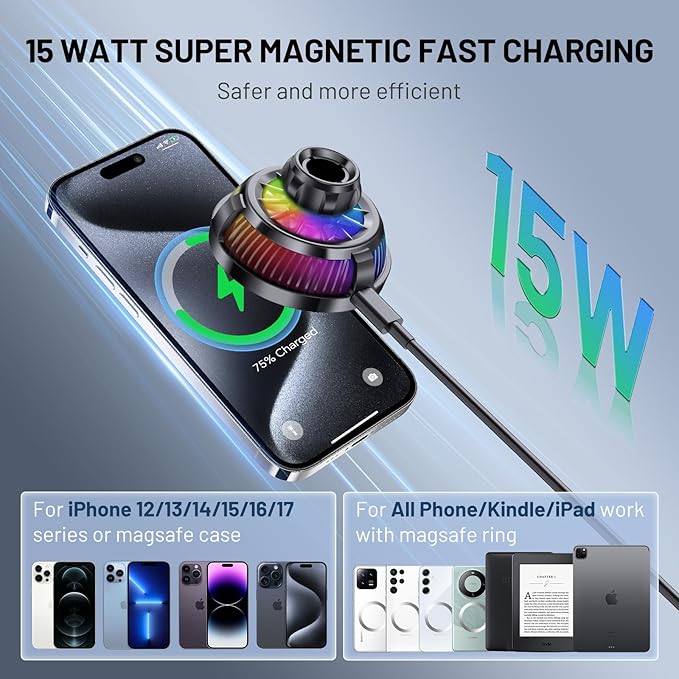 This Hill 15W Magnetic Wireless Car Charger Mount, Compatible with MagSafe, Phone Holder with 360° Suction Cup & Aluminum Alloy Telescopic Arm Compatible with iPhone 12-17 Series