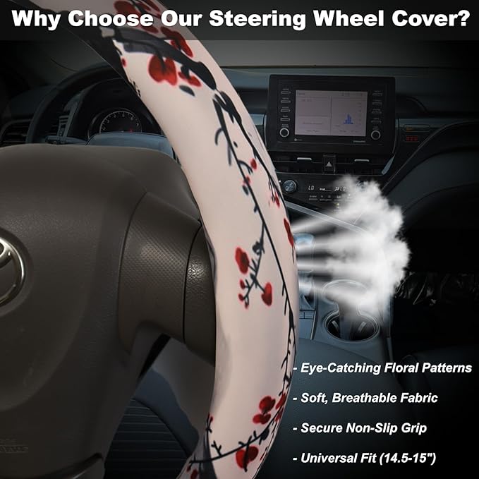 Cherry Blossom Japanese Sakura Steering Wheel Cover for 14.5-15 Inch (37-38 cm) Wheels, Premium Fabric with Non-Slip Rubber Inner Ring