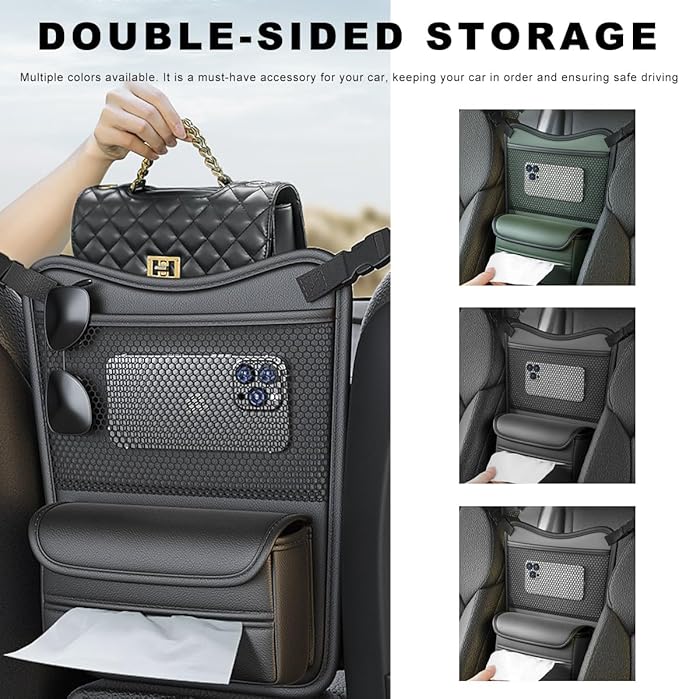 Car Purse Holder Between Seats, Nappa Leather Front Seat Storage Bag with Tissue Holder, Large Capacity Automotive Console Organizer for Document Phone Wallet, Car Accessories (Gray)