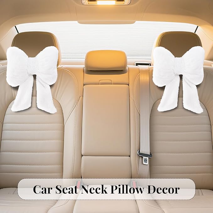 2 Pack Bow Car Headrest Pillows Plush Car Neck Pillows for Travel Driving Office Chair Head Support Cushions, Also Cute Car Decor Accessories (White)