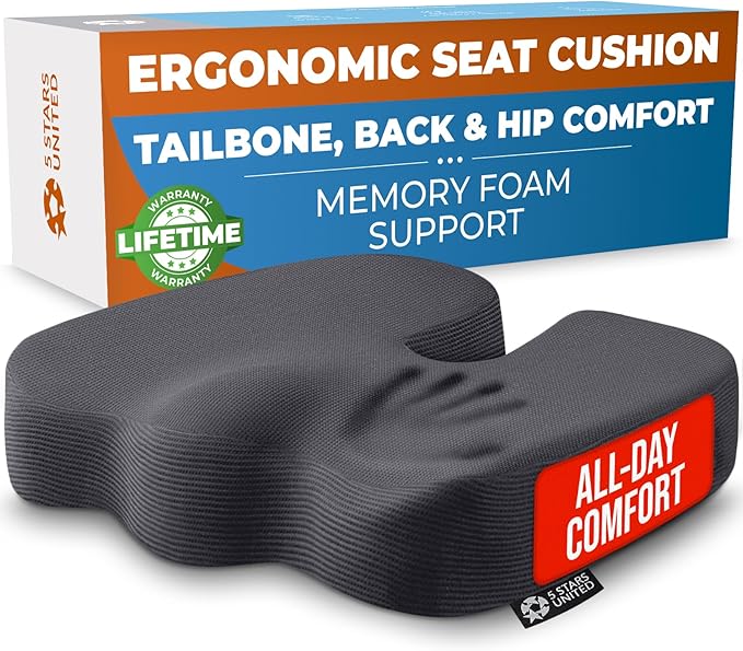 5 STARS UNITED Seat Cushion - Memory Foam Chair Cushion for Tailbone Pain Relief - Ergonomic Support for Coccyx, Sciatica & Butt - Office, Desk & Gaming Chair, Car Seat, Wheelchair, Airplane, D Gray