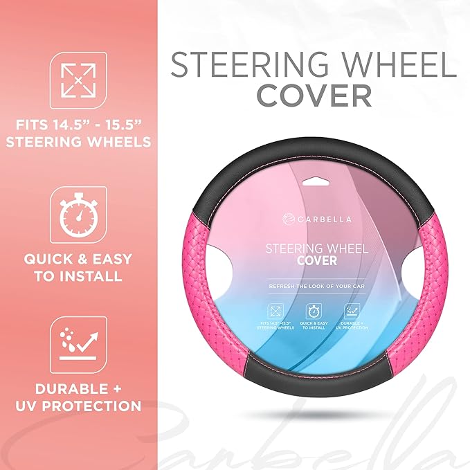 Pink Sequin Bling Steering Wheel Cover, Standard 15 Inch Size Fits Most Vehicles, Cute Faux Leather Car Steering Cover with Diamond Rhinestone Glitter Like Detail, Car Accessories for Women
