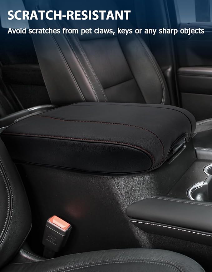 Center Console Cover for Chevy Silverado 1500 Accessories & GMC Sierra 2019-2026, Yukon & Tahoe & Suburban 2021-2026, Bucket Seat Only, Vinyl Armrest Middle Console Cover, Black-Red Stitch