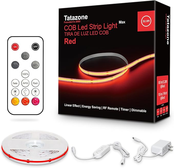 Tatazone 32.8ft Red COB Led Strip Lights with RF Remote, Dimmable Bright Dotless Adhesive Indoor Led COB Light Strip for Cabinet, Painting, Room, Bed