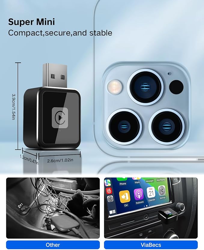 2025 Upgraded Wireless CarPlay Adapter for iPhone, Mini USB/Type-C Design, OTA Updates, Fast Connection for iOS 10+, Dual-Band Wi-Fi