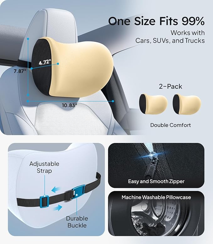Wigoo 2026 Car Neck Pillow [No More Pressure, Odorless] Soft Car Headrest Pillow with Adjustable Strap Removable Cover 100% Memory Foam, Fits All Vehicles (Beige 2-Pack)