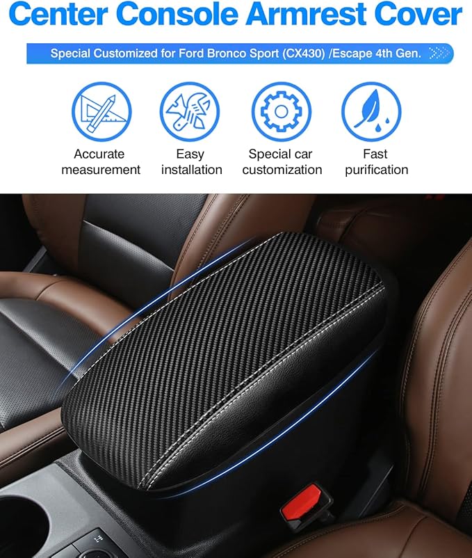 Autorder Center Console Cover for Ford Bronco Sport 2021-2025 2026/Escape 2020-2025 2026 Accessories Carbon Fiber Armrest Cover Anti-Scratch Middle Console Pad Leather Armrest Protector