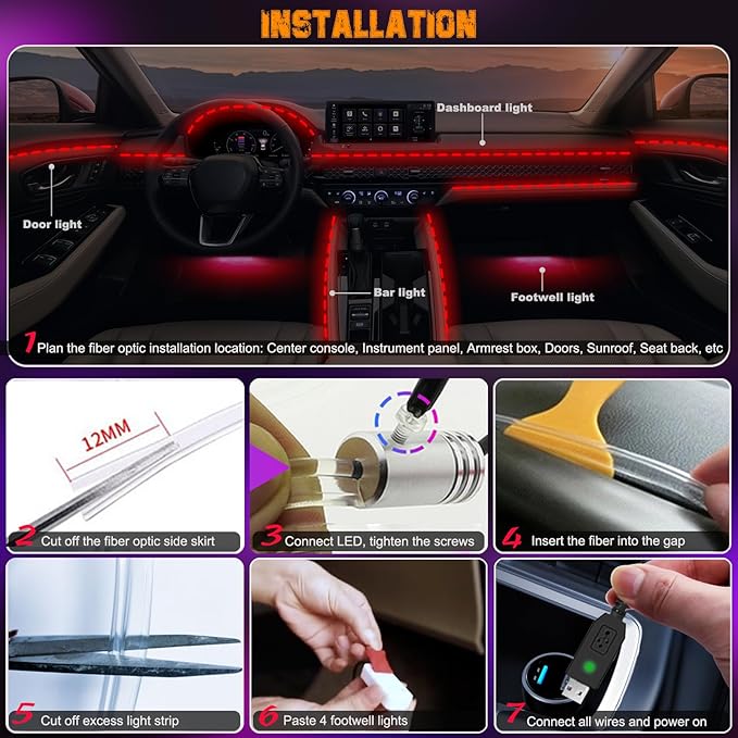 Jushope Car LED Lights, Interior Car Lights with Wireless APP/RF Remote/Button Control, Car Ambient Lighting Kit with 236" Integrated Molding Fiber Optic RGB Sync to Music (9 in 1-USB)