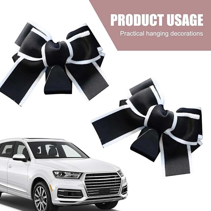 2 Pack Car Seat Headrest Hooks, Cute Bow Design Backseat Hook Storage Organizer for Purses, Handbags, Coats, Umbrellas, Cute Car Accessories for Women and Girls (Black & White)