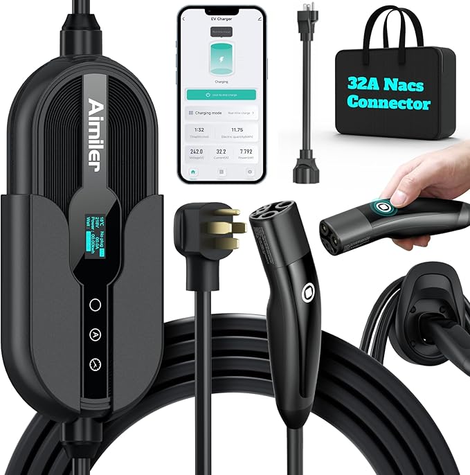 AIMILER Level 2 Tesla Charger(WiFi APP), 32A, 25ft Cable ETL Certified, 220V-240V NEMA 14-50P Plug EVSE w/Nacs Connector, Portable/Home Electric Car(EV) Charger for Tesla Model X/Y/3/S or Nacs EVs