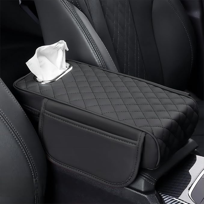 Center Console Cover Arm Rest Cover Leather Car Armrest Box Pad with Pocket Tissue Box Hole Auto Armrest Cover Cushion for Sedan Vehicle (Black)
