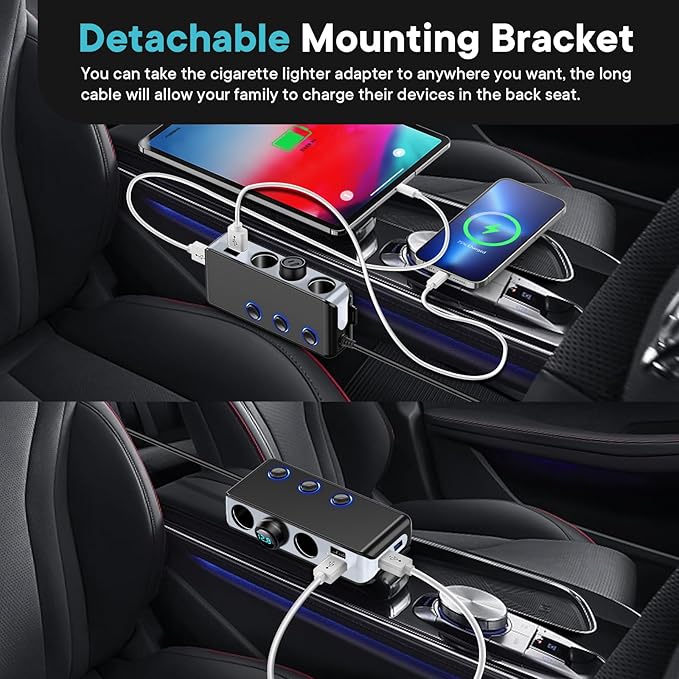 Cigarette Lighter Adapter Splitter 3 Socket with PD 65W Port 8.5A 4 Car USB Charger Multi Port 120W 24V/12V Splitter DC Outlet with Voltage Display, Car Accessories Gray