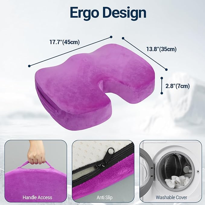 Season Guard Tailbone Pain Relief Office Chair Seat Cushion, Memory Foam Gel Seat Cushion for Sciatica Pain Relief with Washable Cover, Butt Cushion for Long Sitting, Velvet, Purple