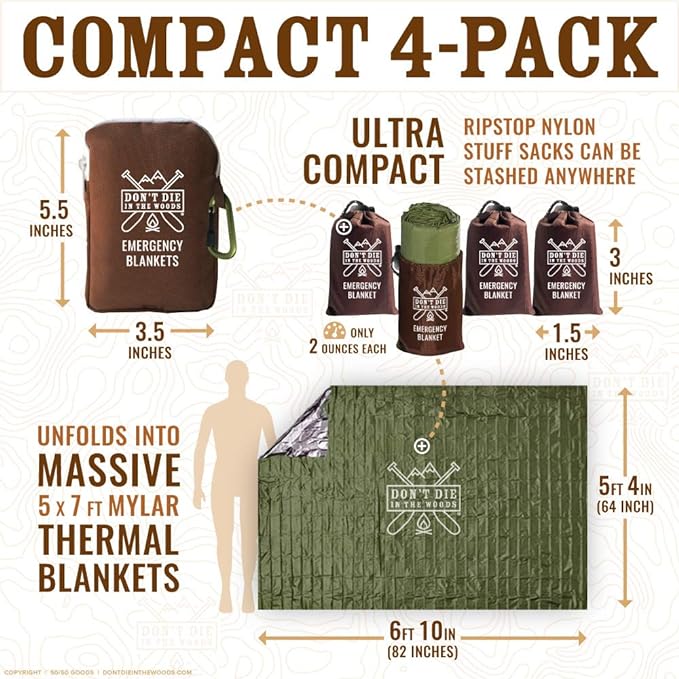 Don't Die In The Woods - Freakin’ Huge Emergency Blankets [4-Pack] Extra Large Thermal Mylar Space Blanket - One of The Ten Essentials Outdoor Survival Gear for Hiking Camping First Aid Kit (Green)