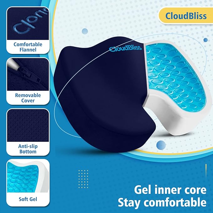 CloudBliss Gel Seat Cushion - Cooling Gel Enhanced, Memory Foam, Ergonomic Seat Cushion for Long Sitting for Office, Game, Car, Airplane (Large, Blue)